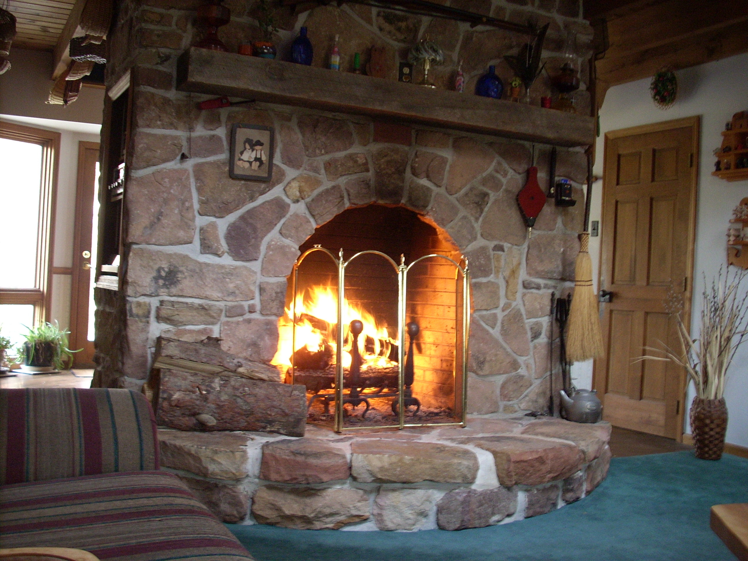 Stone Fireplace with Fire